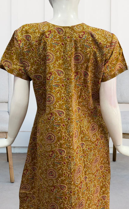 Mustard Kalamkari Pure Cotton Nighty. Pure Durable Cotton | Laces and Frills