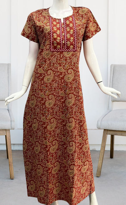 Maroon Kalamkari Pure Cotton Nighty. Pure Durable Cotton | Laces and Frills