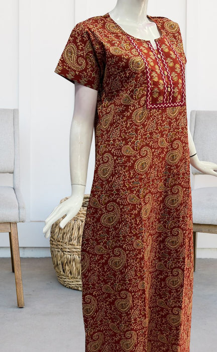 Maroon Kalamkari Pure Cotton Nighty. Pure Durable Cotton | Laces and Frills