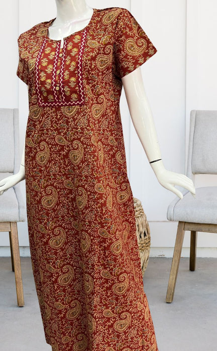 Maroon Kalamkari Pure Cotton Nighty. Pure Durable Cotton | Laces and Frills