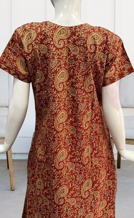 Maroon Kalamkari Pure Cotton Nighty. Pure Durable Cotton | Laces and Frills