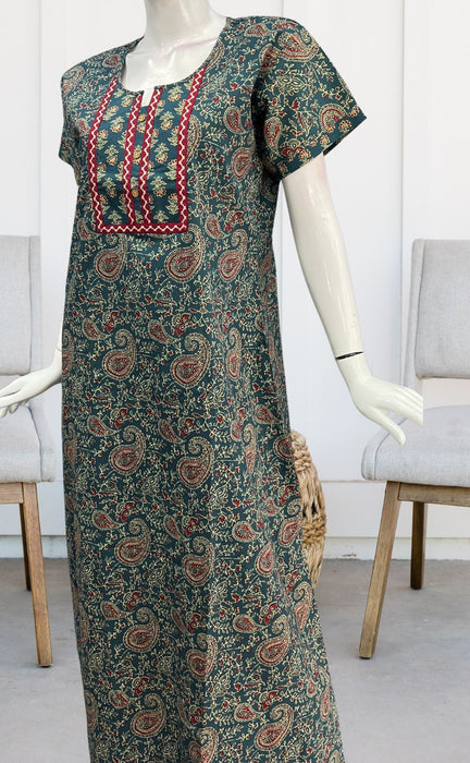 Teal Blue Kalamkari Pure Cotton Nighty. Pure Durable Cotton | Laces and Frills