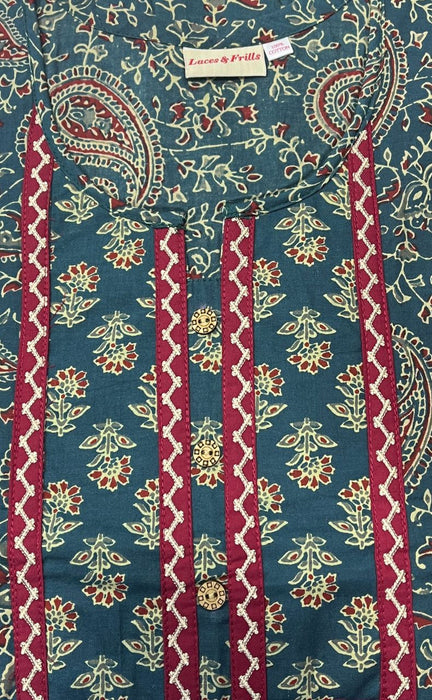 Teal Blue Kalamkari Pure Cotton Nighty. Pure Durable Cotton | Laces and Frills