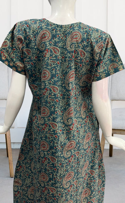 Teal Blue Kalamkari Pure Cotton Nighty. Pure Durable Cotton | Laces and Frills