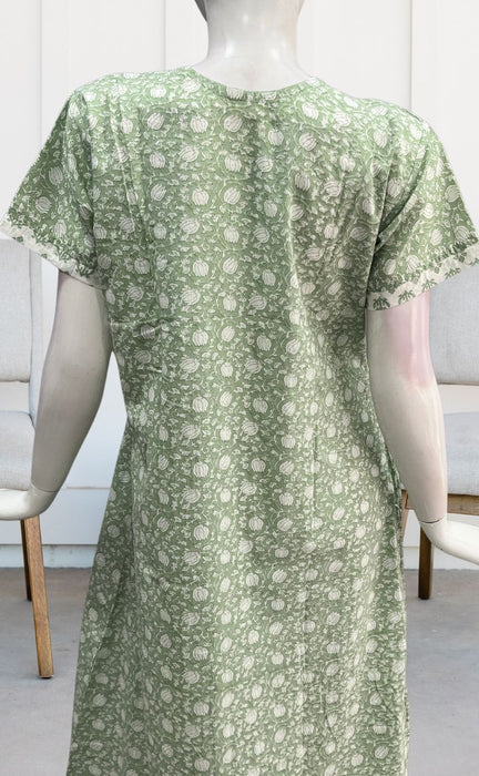 Pista Green/White Garden Pure Cotton Nighty. Pure Durable Cotton | Laces and Frills