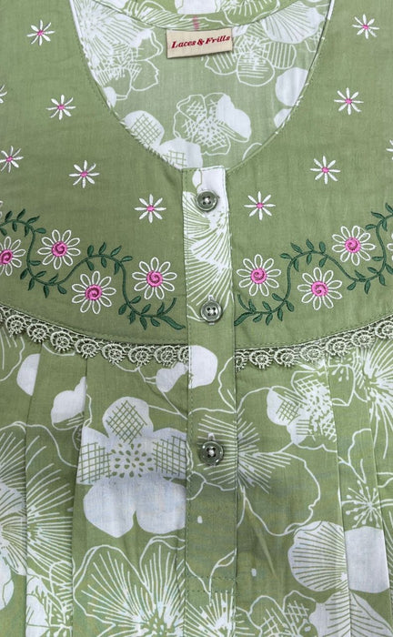 Pista Green Garden soft Crushed Nighty.Soft Breathable Fabric | Laces and Frills