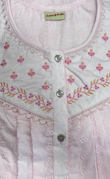 Baby Pink Pure Cotton Embroidery Chikankari Nighty. Pure Durable Cotton | Laces and Frills