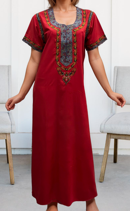 Red Embroidery Soft Cotton Nighty. Soft Breathable Fabric | Laces and Frills