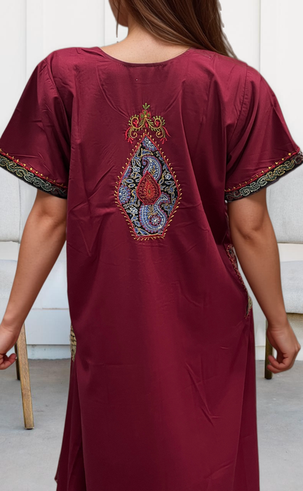 Maroon Embroidery Soft Cotton Nighty. Soft Breathable Fabric | Laces and Frills