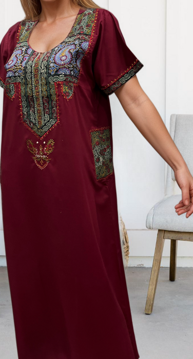 Maroon Embroidery Soft Cotton Nighty. Soft Breathable Fabric | Laces and Frills