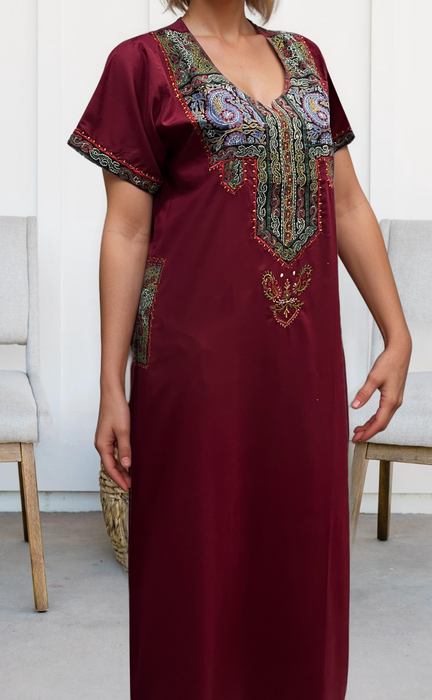 Maroon Embroidery Soft Cotton Nighty. Soft Breathable Fabric | Laces and Frills