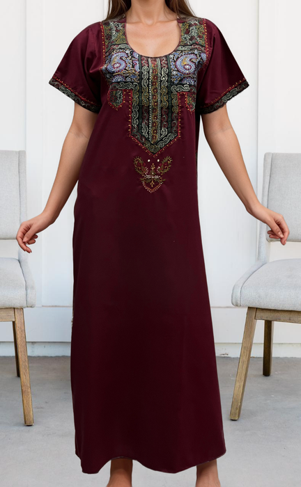 Maroon Embroidery Soft Cotton Nighty. Soft Breathable Fabric | Laces and Frills