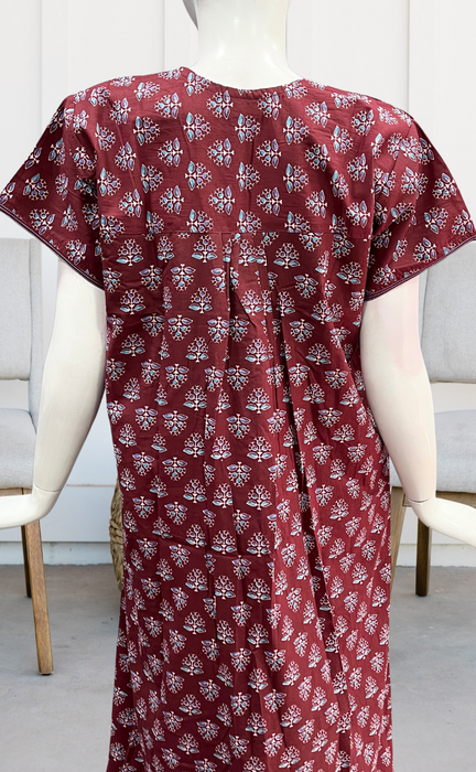 Maroon Tiny Floral Pure Cotton Nighty. Pure Durable Cotton | Laces and Frills