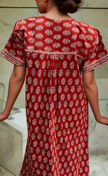 Red Tiny Floral Pure Cotton Nighty. Pure Durable Cotton | Laces and Frills