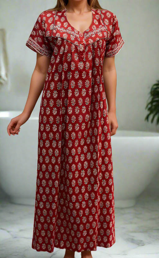 Red Tiny Floral Pure Cotton Nighty. Pure Durable Cotton | Laces and Frills