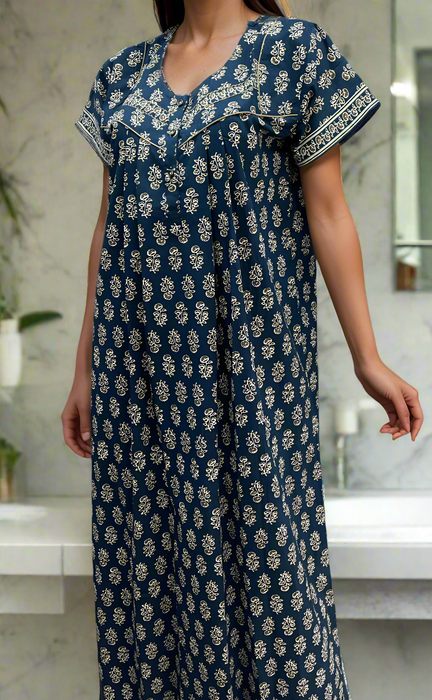 Blue Tiny Floral Pure Cotton Nighty. Pure Durable Cotton | Laces and Frills