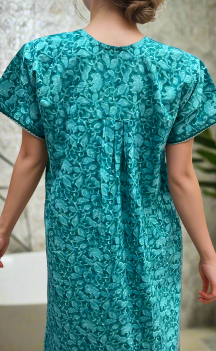 Teal Green Garden Pure Cotton Nighty. Pure Durable Cotton | Laces and Frills