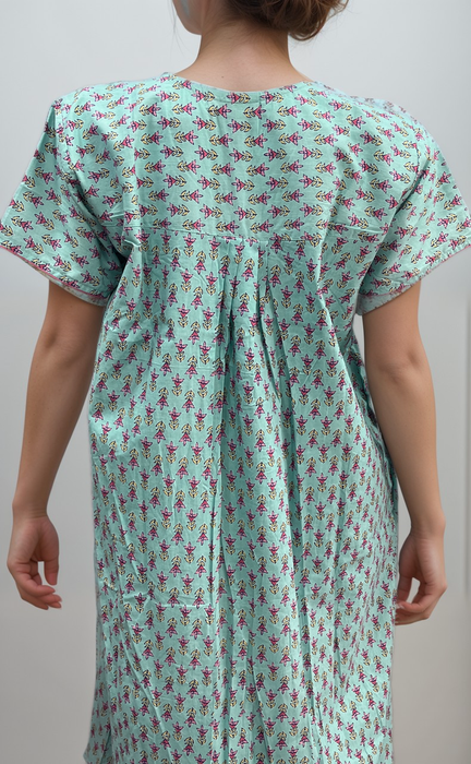 Sea Green Floral Pure Cotton Nighty. Pure Durable Cotton | Laces and Frills