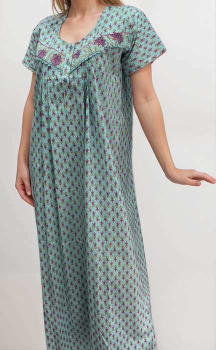 Sea Green Floral Pure Cotton Nighty. Pure Durable Cotton | Laces and Frills