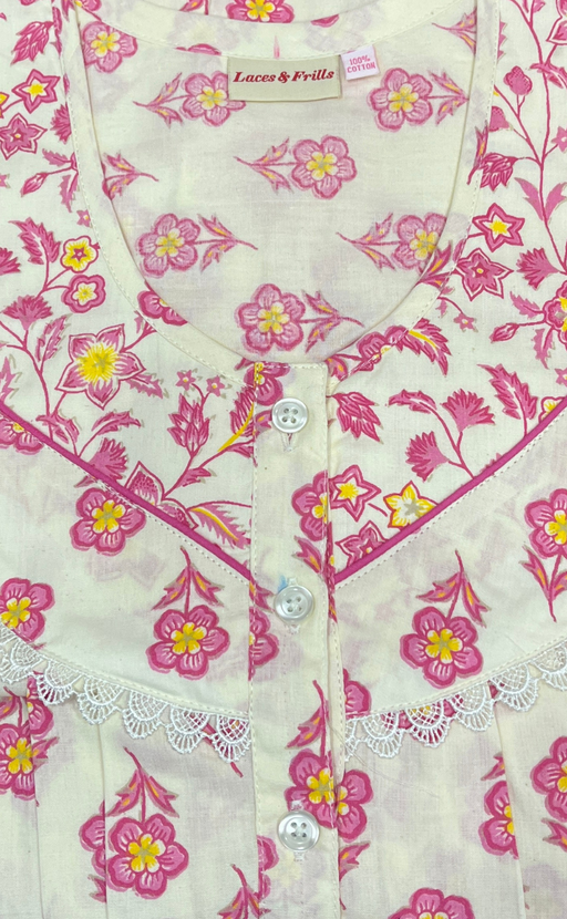 Pink Floral Garden Pure Cotton Nighty. Pure Durable Cotton | Laces and Frills