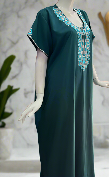 Teal Blue Embroidery Soft Cotton Nighty. Soft Breathable Fabric | Laces and Frills