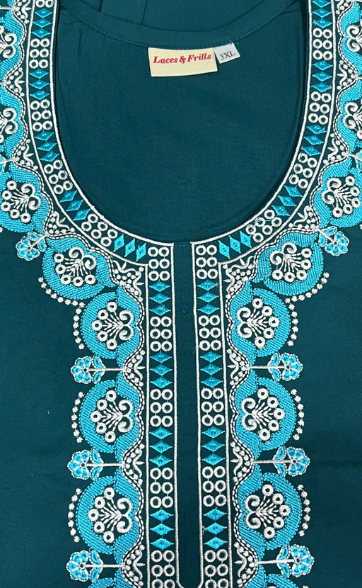 Teal Blue Embroidery Soft Cotton Nighty. Soft Breathable Fabric | Laces and Frills