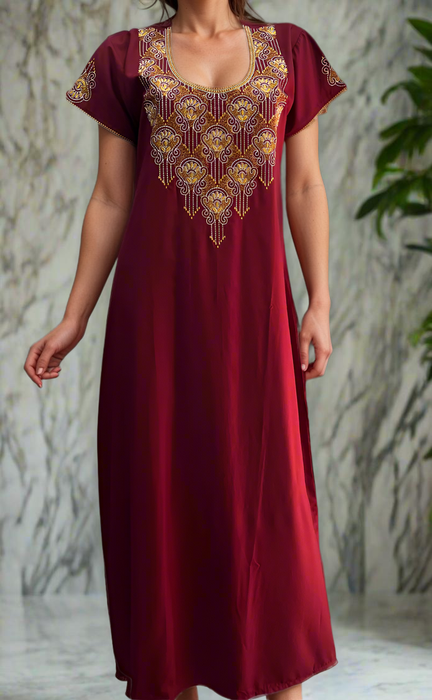 Maroon Embroidery Soft Cotton Nighty. Soft Breathable Fabric | Laces and Frills