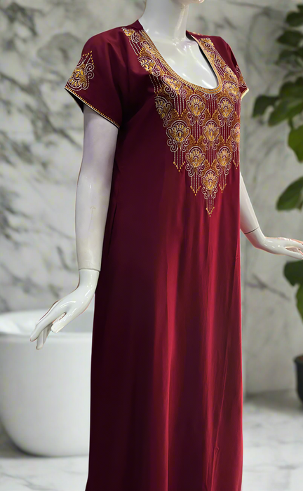 Maroon Embroidery Soft Cotton Nighty. Soft Breathable Fabric | Laces and Frills