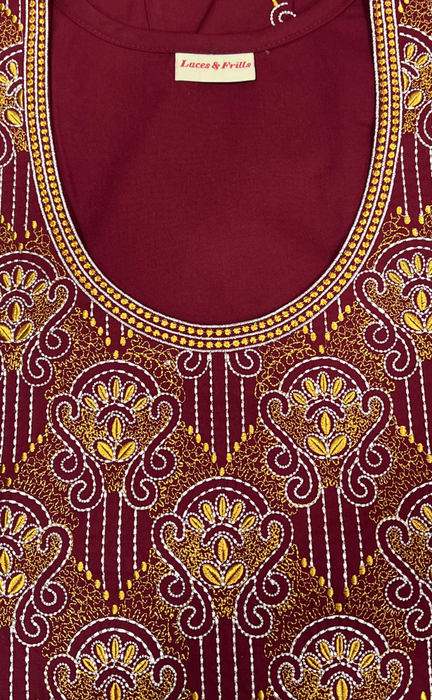 Maroon Embroidery Soft Cotton Nighty. Soft Breathable Fabric | Laces and Frills