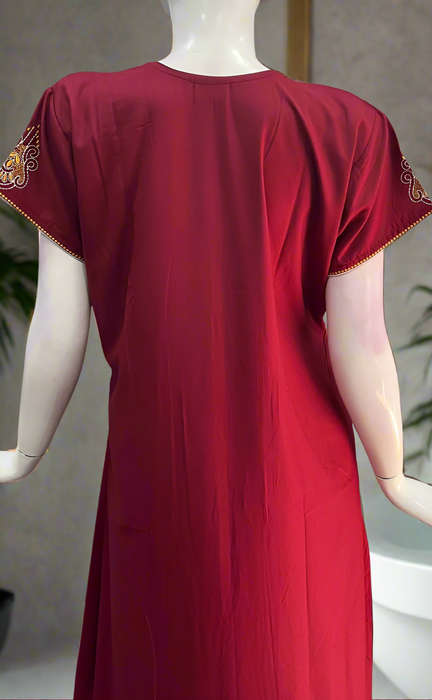 Maroon Embroidery Soft Cotton Nighty. Soft Breathable Fabric | Laces and Frills