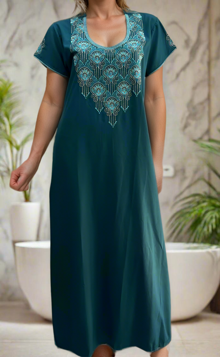 Teal Blue Embroidery Soft Cotton Nighty. Soft Breathable Fabric | Laces and Frills