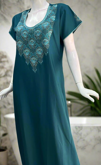 Teal Blue Embroidery Soft Cotton Nighty. Soft Breathable Fabric | Laces and Frills