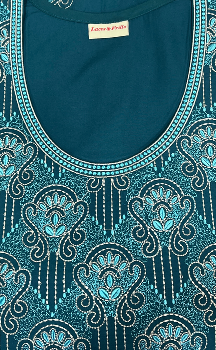 Teal Blue Embroidery Soft Cotton Nighty. Soft Breathable Fabric | Laces and Frills