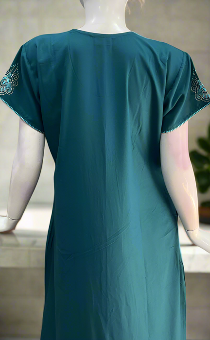 Teal Blue Embroidery Soft Cotton Nighty. Soft Breathable Fabric | Laces and Frills