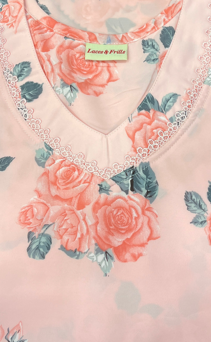 Pink/Peach Floral Chiffon Nighty. Delicate Chiffon | Laces and Frills