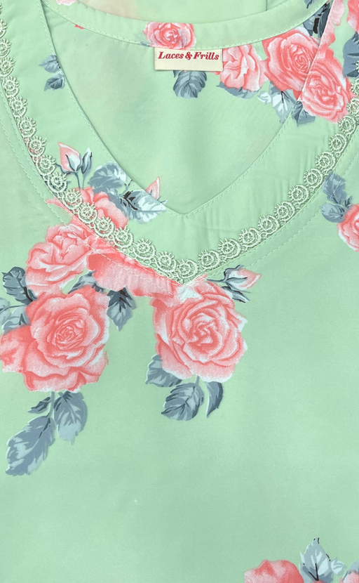 Green/Peach Floral Chiffon Nighty. Delicate Chiffon | Laces and Frills