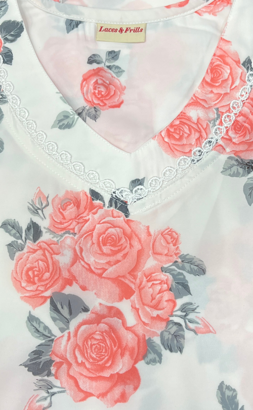 White/Peach Floral Chiffon Nighty. Delicate Chiffon | Laces and Frills