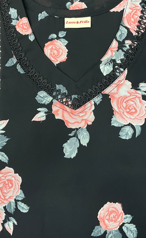 Black/Peach Floral Chiffon Nighty. Delicate Chiffon | Laces and Frills