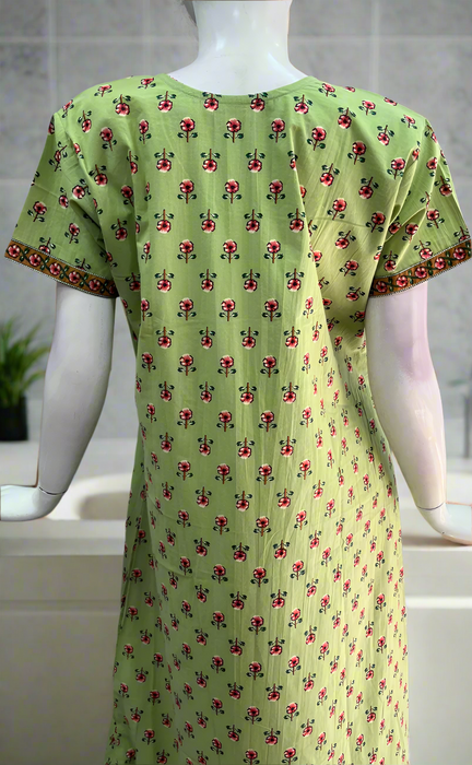 Pista Green Tiny Floral Garden Pure Cotton Nighty. Pure Durable Cotton | Laces and Frills