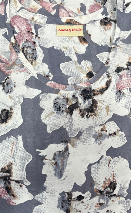 Grey Floral Chiffon Nighty. Delicate Chiffon | Laces and Frills