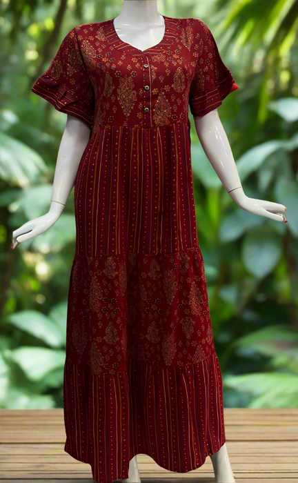 Maroon Flora Rayon Nighty. Flowy Rayon Fabric | Laces and Frills