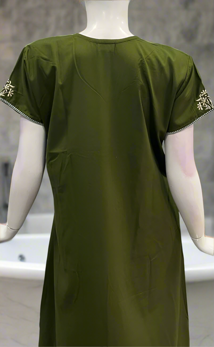 Olive Green Embroidery Soft Cotton Nighty. Soft Breathable Fabric | Laces and Frills