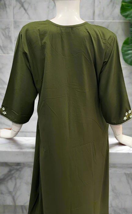 Olive Green Embroidery Soft Cotton Long Sleeves Nighty. Soft Breathable Fabric | Laces and Frills