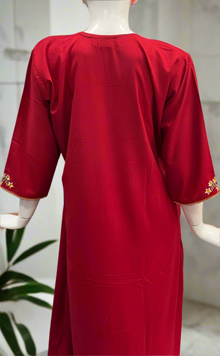 Red Embroidery Soft Cotton Long Sleeves Nighty. Soft Breathable Fabric | Laces and Frills