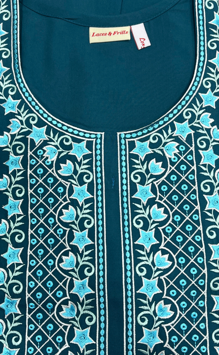 Teal Blue Embroidery Soft Cotton Long Sleeves Nighty. Soft Breathable Fabric | Laces and Frills