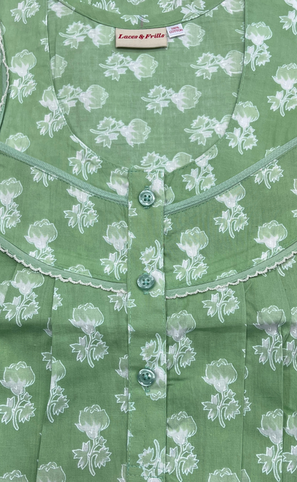 Green Floral Pure Cotton Nighty. Pure Durable Cotton | Laces and Frills