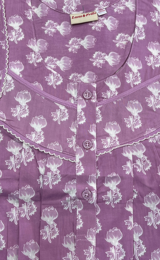 Lavender Floral Pure Cotton Feeding Nighty . Pure Durable Cotton | Laces and Frills