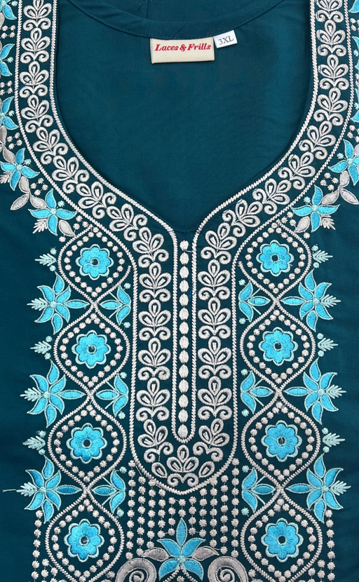 Teal Blue Embroidery Soft Cotton Nighty. Soft Breathable Fabric | Laces and Frills