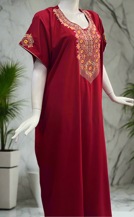 Maroon Embroidery Soft Cotton Nighty. Soft Breathable Fabric | Laces and Frills