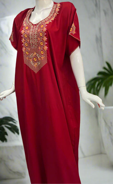 Maroon Embroidery Soft Cotton Nighty. Soft Breathable Fabric | Laces and Frills